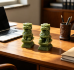 Natural Green Jade Pair of Dogs Sculpture, Home Decoration Ornament for Housewarming Gift
